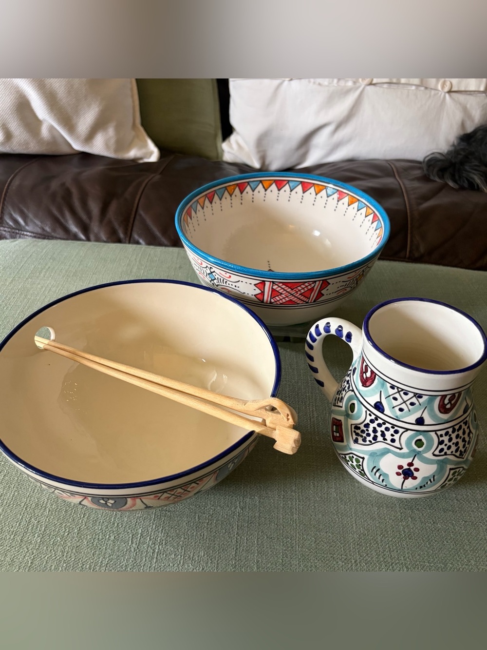 Handcrafted Le Souk Ceramique Mug, Bowl & Serghini Bowl w/Hand Carved Chopsticks - Picture 14 of 15